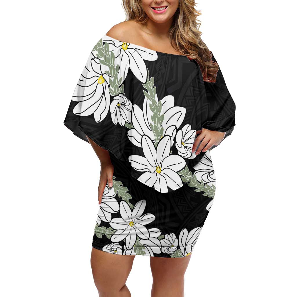 Ia Orana Tahiti Tiare Family Matching Off Shoulder Short Dress and Hawaiian Shirt Black Lei - Polynesian Pride