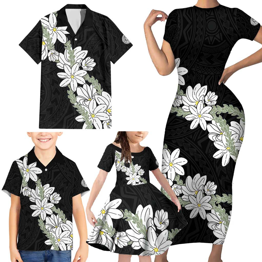 Ia Orana Tahiti Tiare Family Matching Short Sleeve Bodycon Dress and Hawaiian Shirt Black Lei LT7 - Polynesian Pride