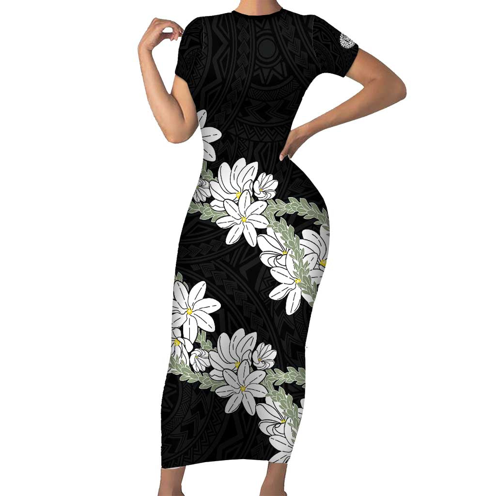 Ia Orana Tahiti Tiare Family Matching Short Sleeve Bodycon Dress and Hawaiian Shirt Black Lei LT7 Mom's Dress Black - Polynesian Pride