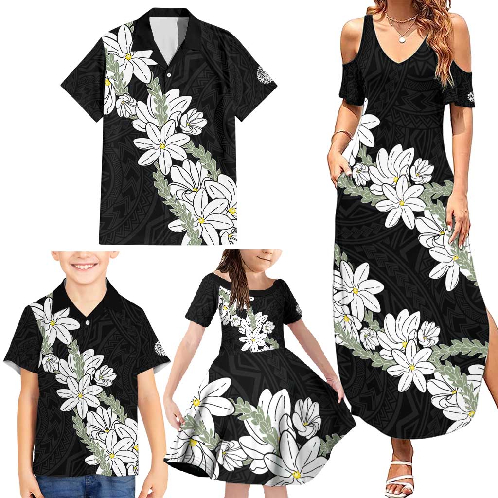 Ia Orana Tahiti Tiare Family Matching Summer Maxi Dress and Hawaiian Shirt Black Lei - Polynesian Pride