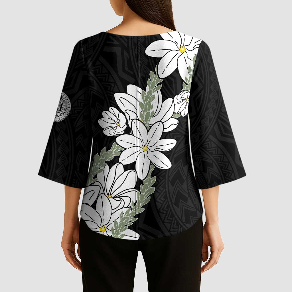 Ia Orana Tahiti Tiare Kimono Sleeve Blouse Black Lei - Polynesian Pride