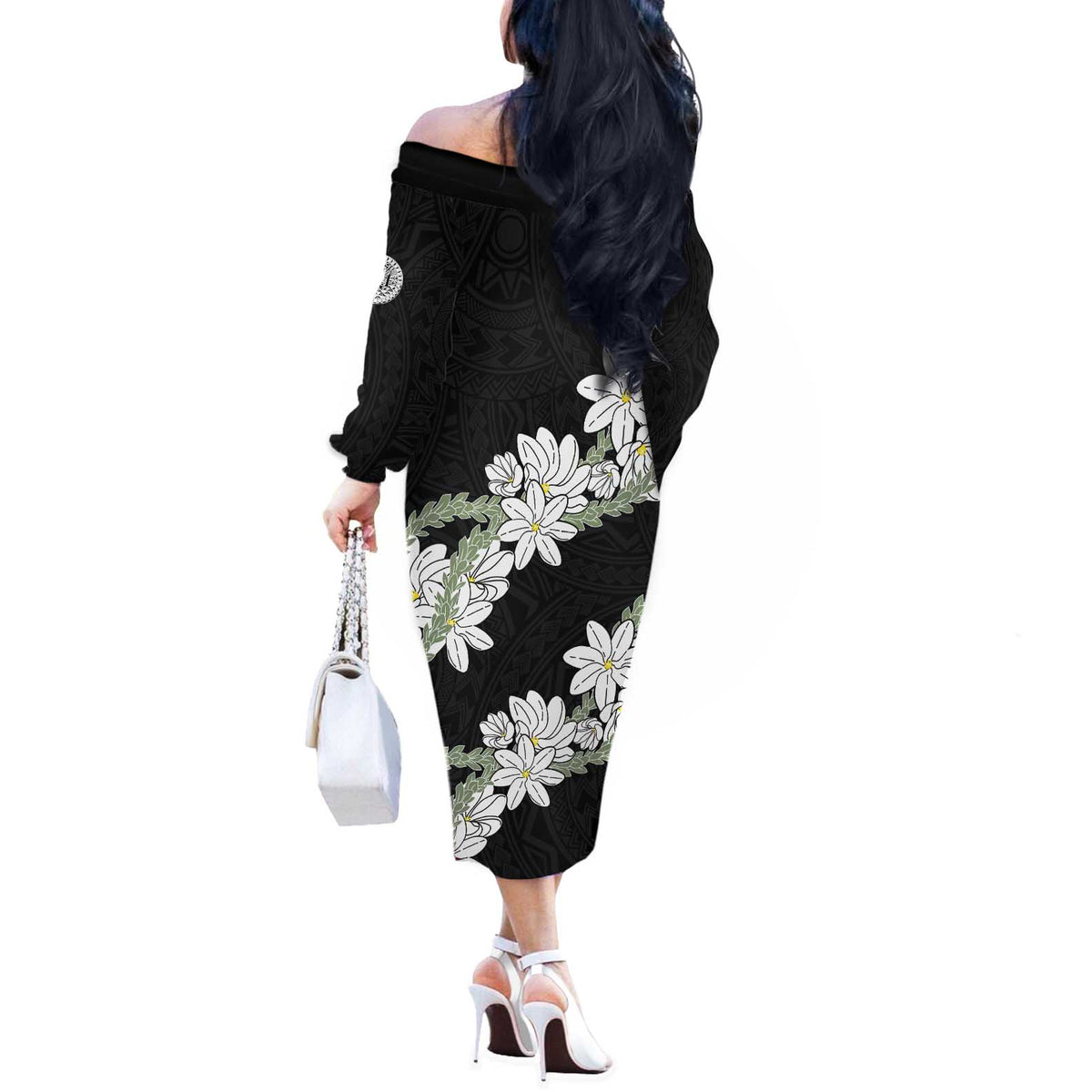 Ia Orana Tahiti Tiare Off The Shoulder Long Sleeve Dress Black Lei LT7 - Polynesian Pride