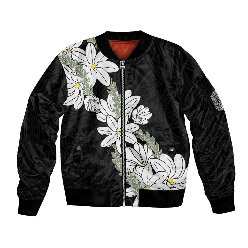 Ia Orana Tahiti Tiare Sleeve Zip Bomber Jacket Black Lei LT7 Unisex Black - Polynesian Pride