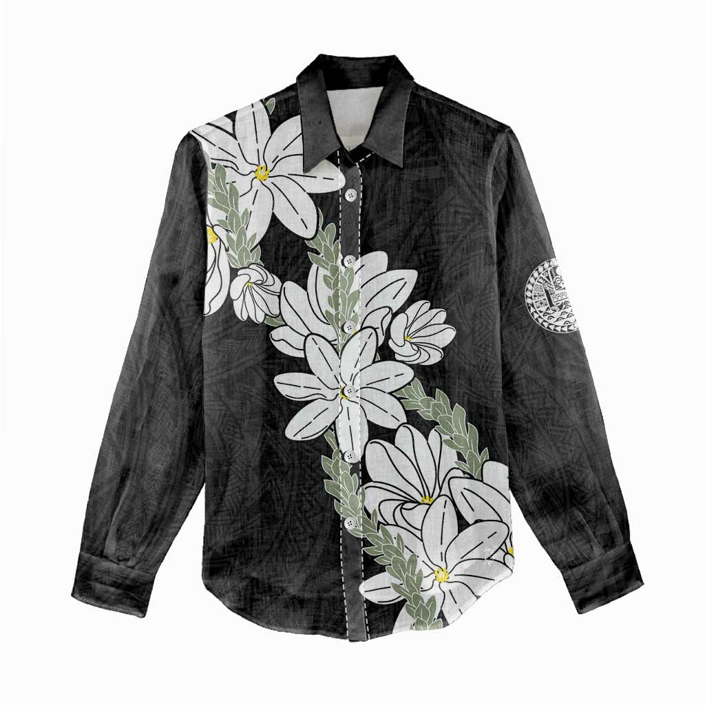 Ia Orana Tahiti Tiare Women Casual Shirt Black Lei - Polynesian Pride