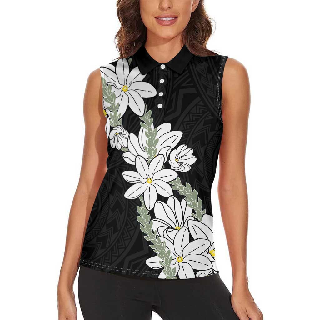 Ia Orana Tahiti Tiare Women Sleeveless Polo Shirt Black Lei - Polynesian Pride
