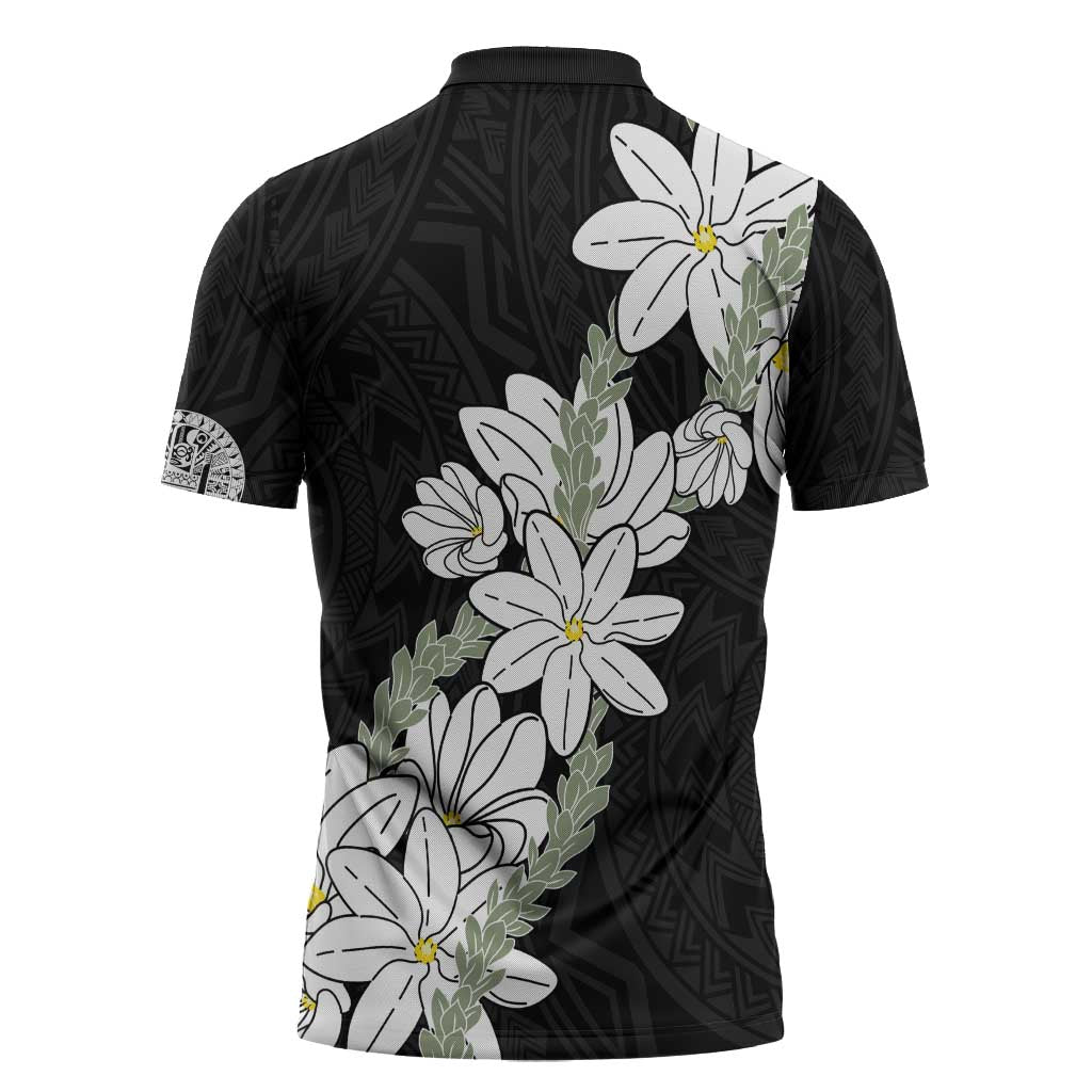 Ia Orana Tahiti Tiare Zipper Polo Shirt Black Lei - Polynesian Pride