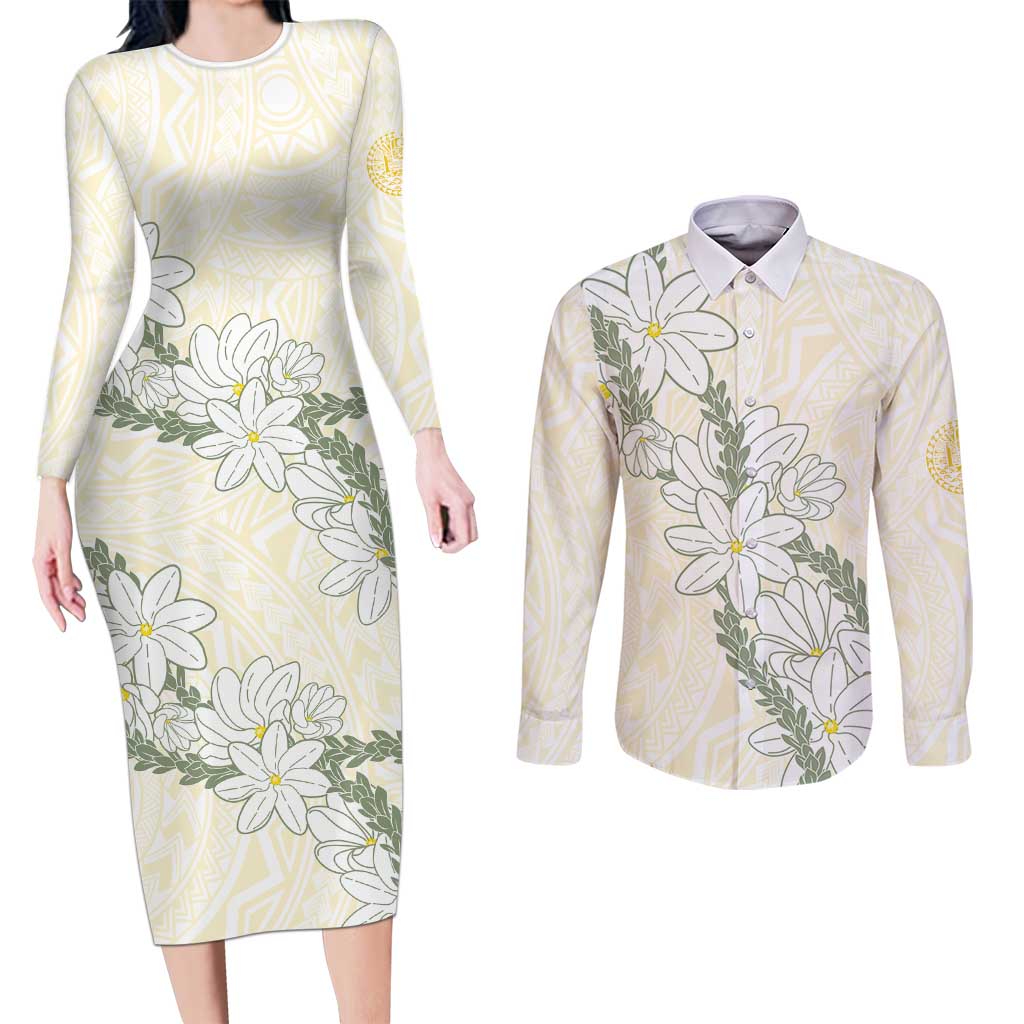Ia Orana Tahiti Tiare Couples Matching Long Sleeve Bodycon Dress and Long Sleeve Button Shirt Lemon Yellow Lei - Polynesian Pride