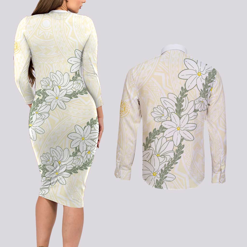 Ia Orana Tahiti Tiare Couples Matching Long Sleeve Bodycon Dress and Long Sleeve Button Shirt Lemon Yellow Lei - Polynesian Pride