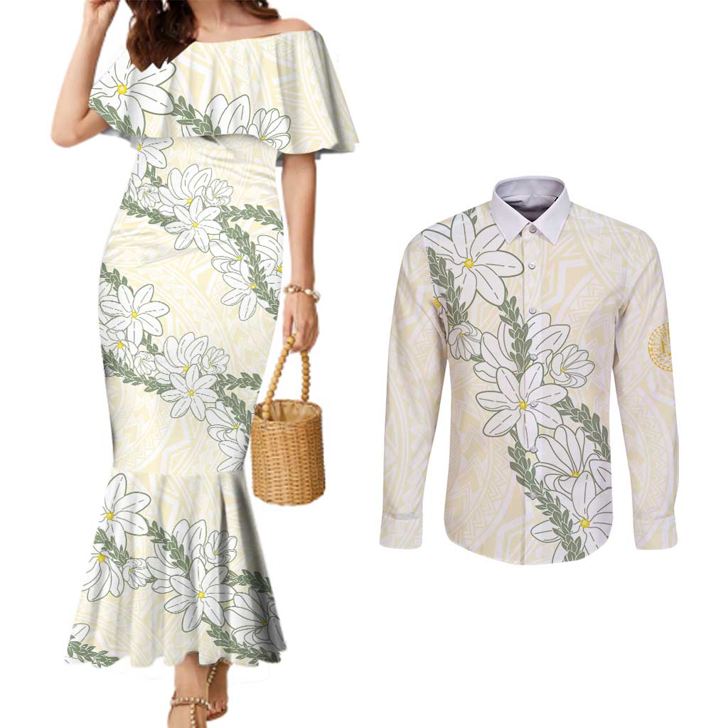 Ia Orana Tahiti Tiare Couples Matching Mermaid Dress and Long Sleeve Button Shirt Lemon Yellow Lei - Polynesian Pride