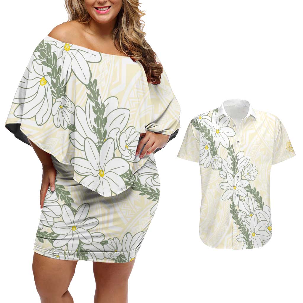 Ia Orana Tahiti Tiare Couples Matching Off Shoulder Short Dress and Hawaiian Shirt Lemon Yellow Lei - Polynesian Pride
