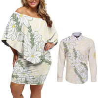 Ia Orana Tahiti Tiare Couples Matching Off Shoulder Short Dress and Long Sleeve Button Shirt Lemon Yellow Lei - Polynesian Pride