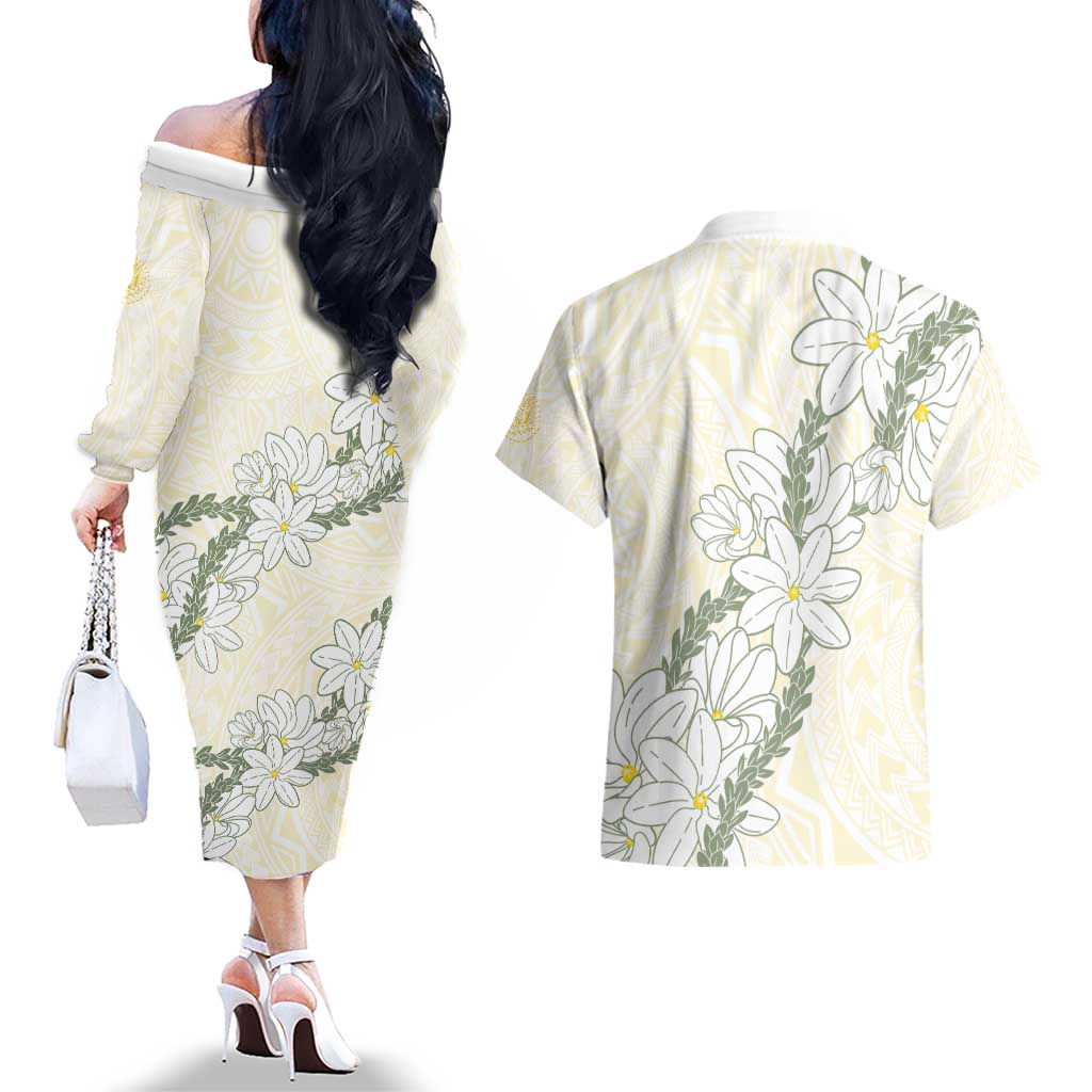 Ia Orana Tahiti Tiare Couples Matching Off The Shoulder Long Sleeve Dress and Hawaiian Shirt Lemon Yellow Lei - Polynesian Pride
