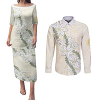 Ia Orana Tahiti Tiare Couples Matching Puletasi and Long Sleeve Button Shirt Lemon Yellow Lei - Polynesian Pride