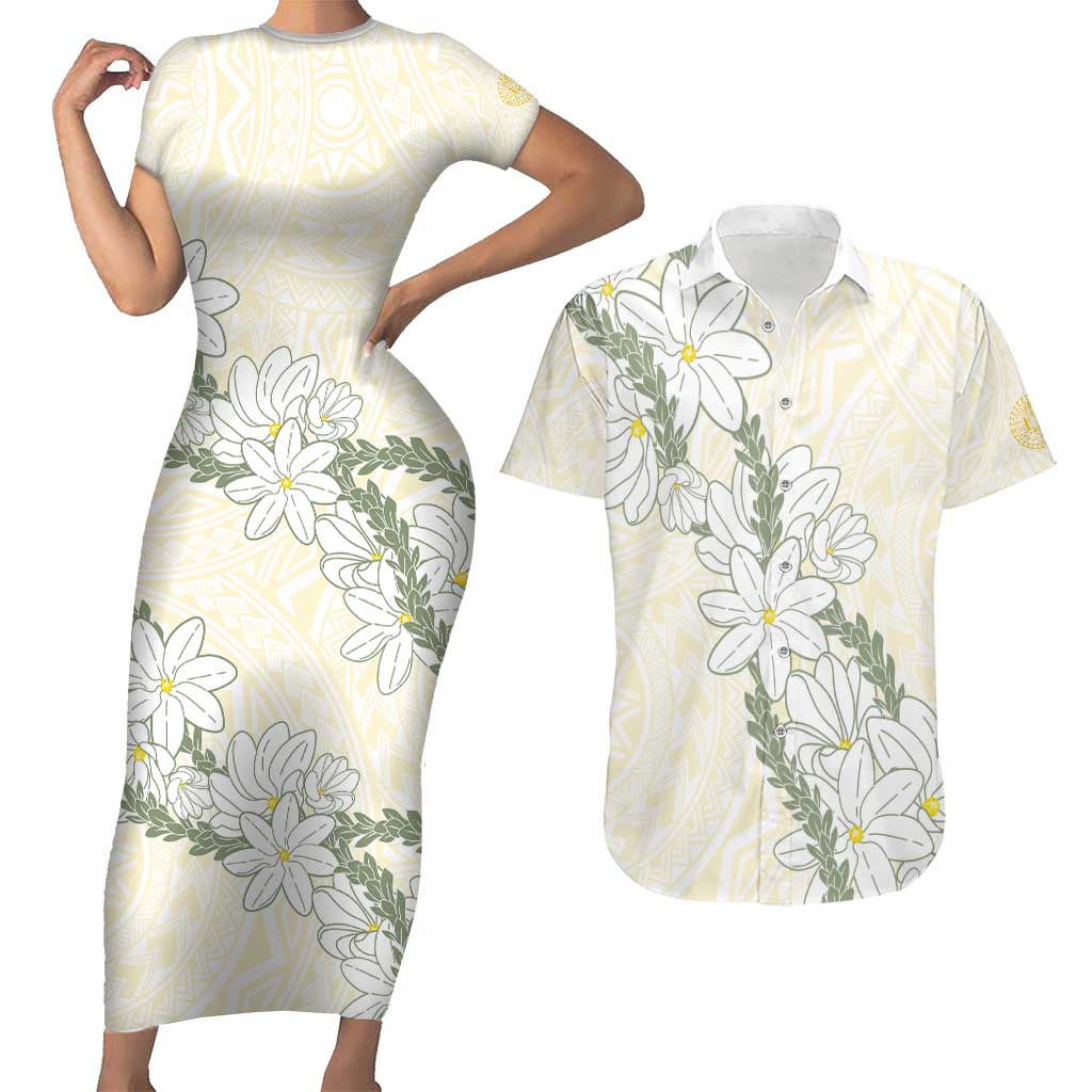 Ia Orana Tahiti Tiare Couples Matching Short Sleeve Bodycon Dress and Hawaiian Shirt Lemon Yellow Lei - Polynesian Pride