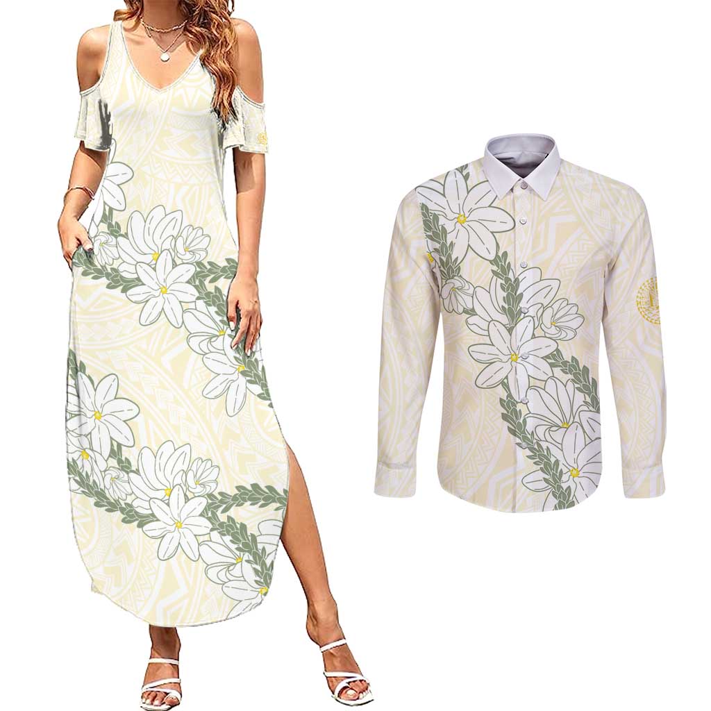 Ia Orana Tahiti Tiare Couples Matching Summer Maxi Dress and Long Sleeve Button Shirt Lemon Yellow Lei - Polynesian Pride