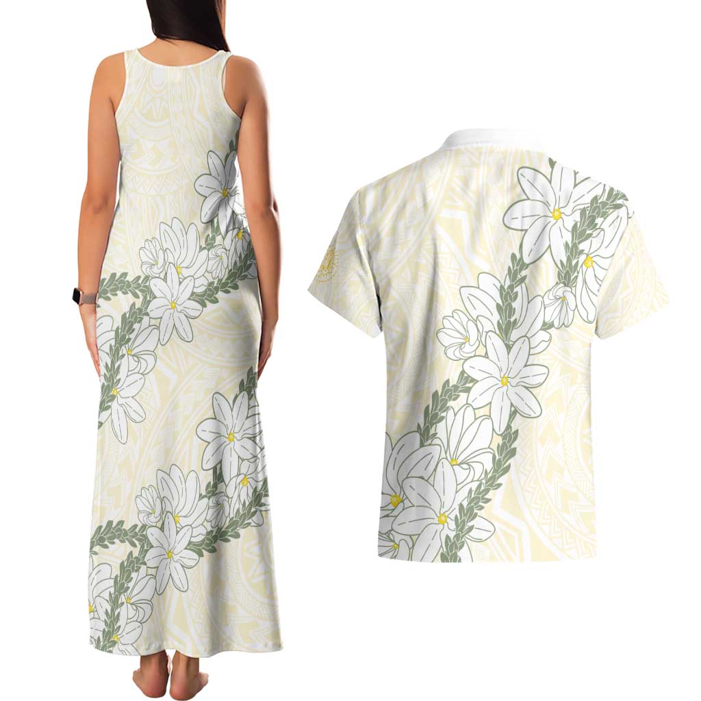 Ia Orana Tahiti Tiare Couples Matching Tank Maxi Dress and Hawaiian Shirt Lemon Yellow Lei - Polynesian Pride