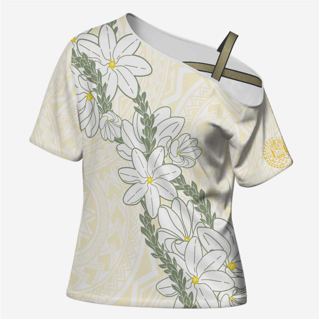 Ia Orana Tahiti Tiare Cross Shoulder Shirt Lemon Yellow Lei - Polynesian Pride