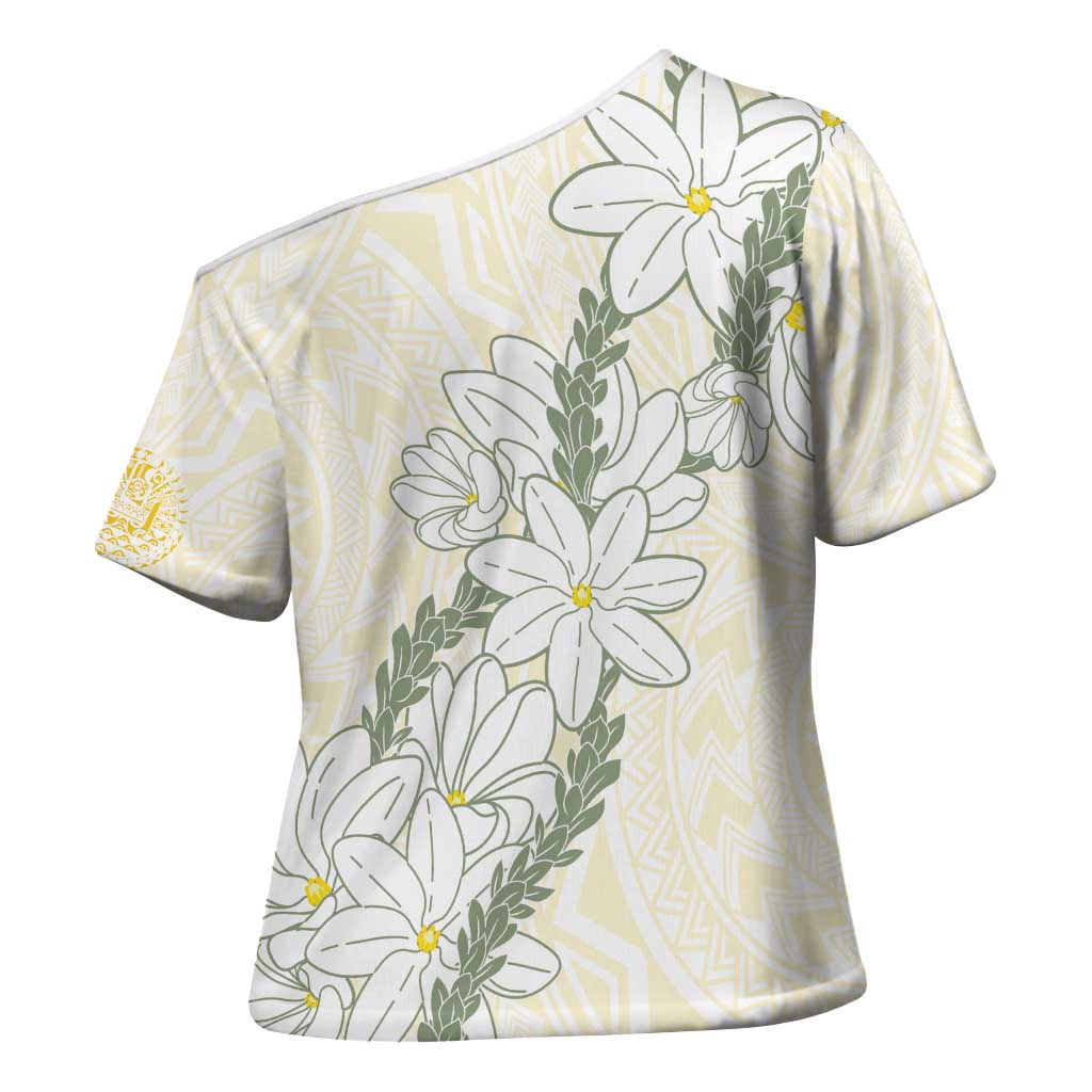Ia Orana Tahiti Tiare Cross Shoulder Shirt Lemon Yellow Lei - Polynesian Pride