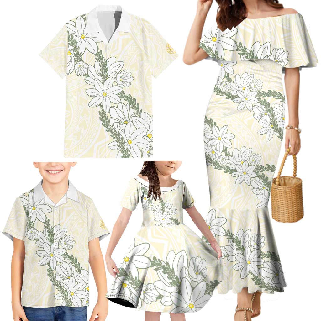 Ia Orana Tahiti Tiare Family Matching Mermaid Dress and Hawaiian Shirt Lemon Yellow Lei LT7 - Polynesian Pride