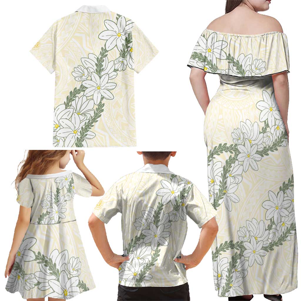 Ia Orana Tahiti Tiare Family Matching Off Shoulder Maxi Dress and Hawaiian Shirt Lemon Yellow Lei - Polynesian Pride