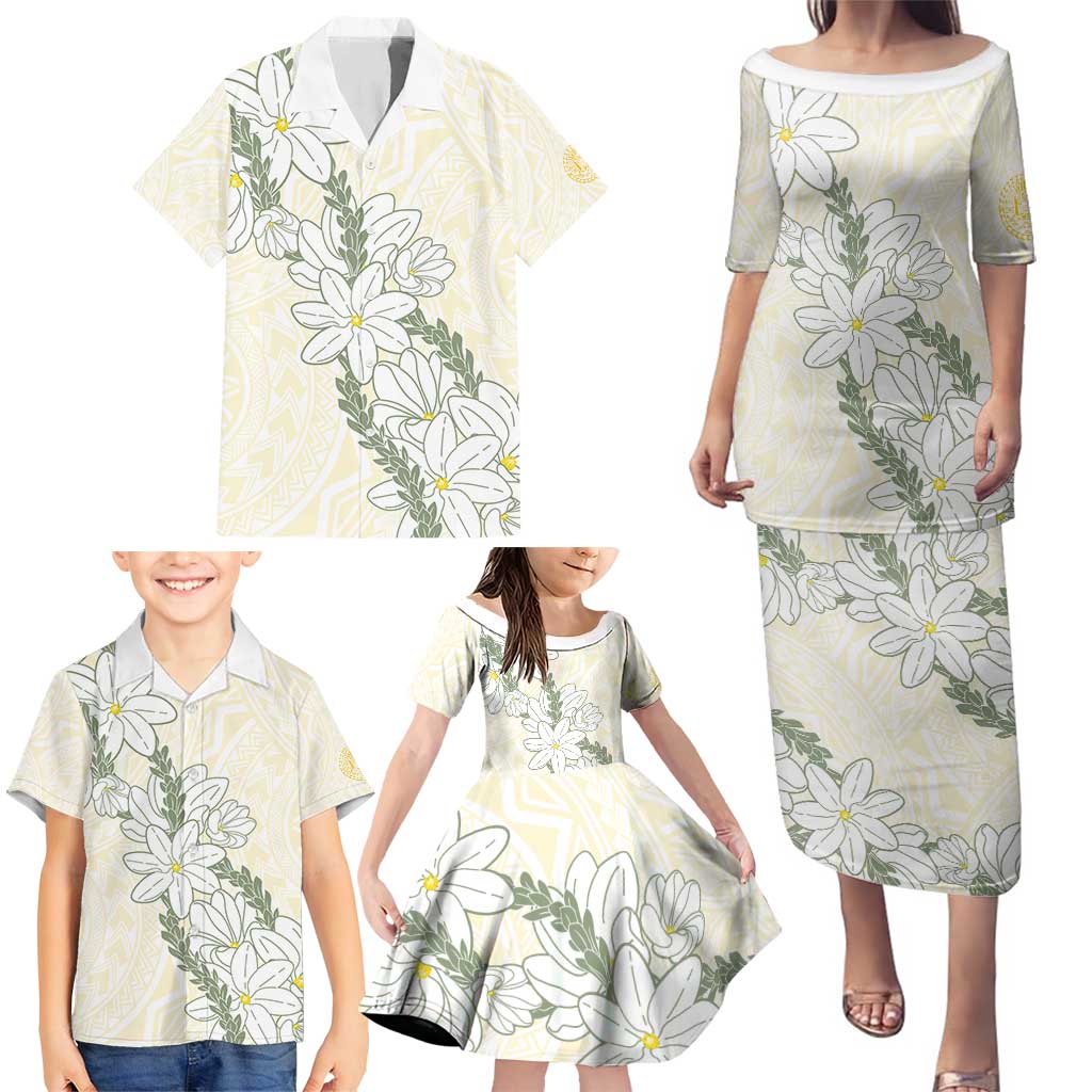 Ia Orana Tahiti Tiare Family Matching Puletasi and Hawaiian Shirt Lemon Yellow Lei - Polynesian Pride