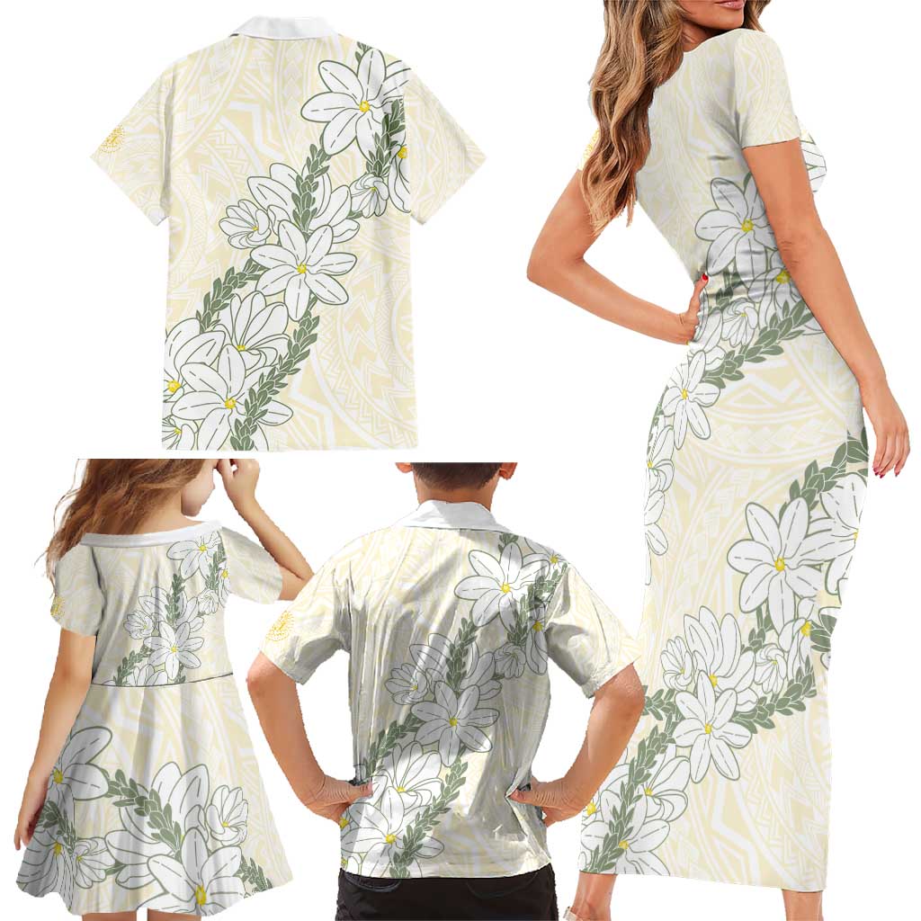 Ia Orana Tahiti Tiare Family Matching Short Sleeve Bodycon Dress and Hawaiian Shirt Lemon Yellow Lei LT7 - Polynesian Pride