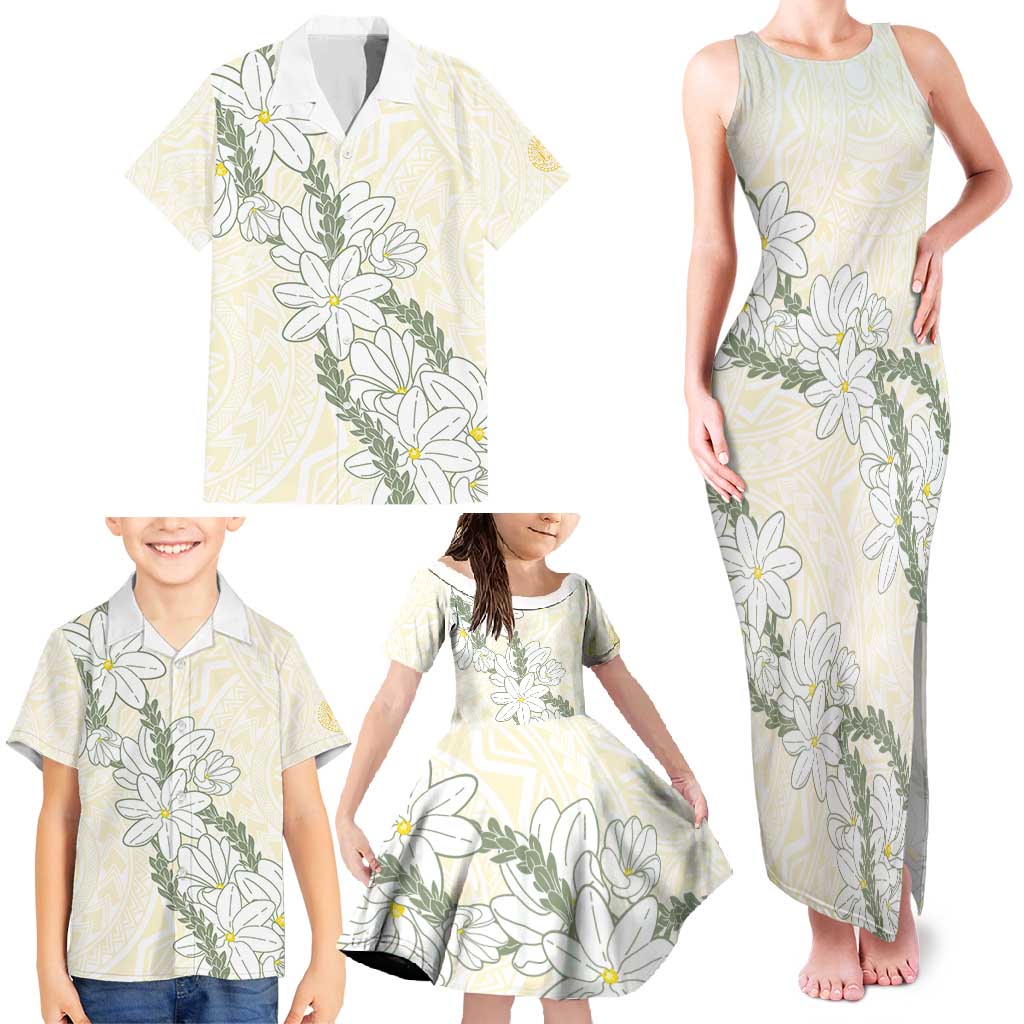 Ia Orana Tahiti Tiare Family Matching Tank Maxi Dress and Hawaiian Shirt Lemon Yellow Lei LT7 - Polynesian Pride