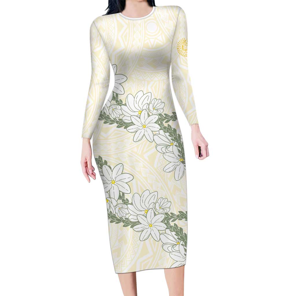 Ia Orana Tahiti Tiare Long Sleeve Bodycon Dress Lemon Yellow Lei LT7 Long Dress Lemon - Polynesian Pride