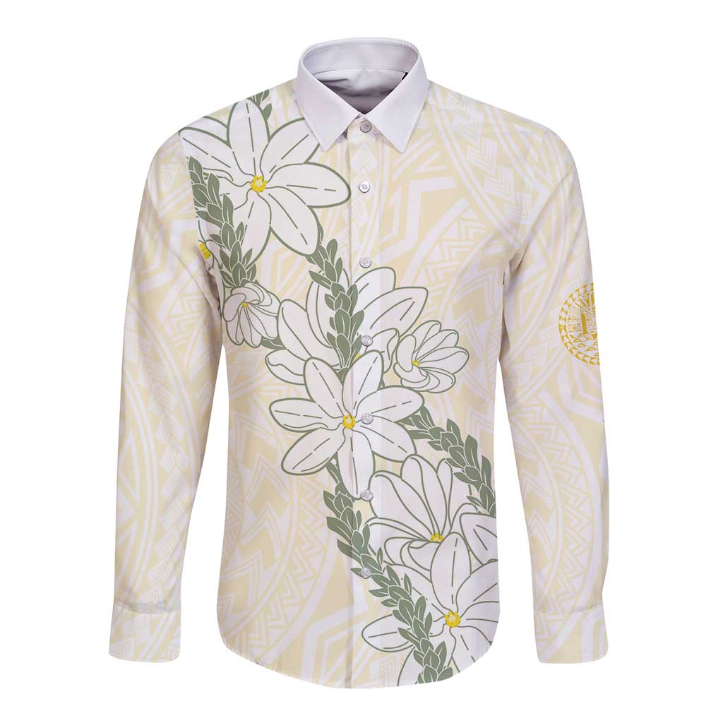 Ia Orana Tahiti Tiare Long Sleeve Button Shirt Lemon Yellow Lei - Polynesian Pride