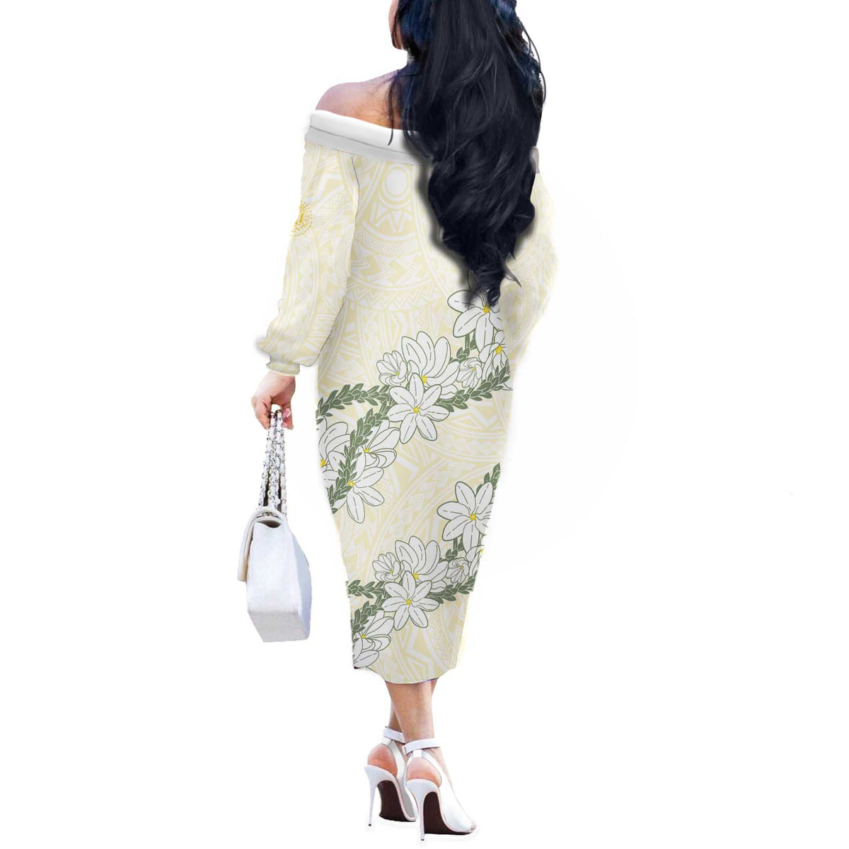 Ia Orana Tahiti Tiare Off The Shoulder Long Sleeve Dress Lemon Yellow Lei LT7 - Polynesian Pride