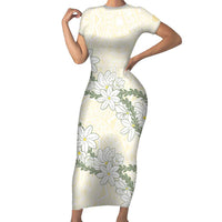 Ia Orana Tahiti Tiare Short Sleeve Bodycon Dress Lemon Yellow Lei LT7 Long Dress Lemon - Polynesian Pride
