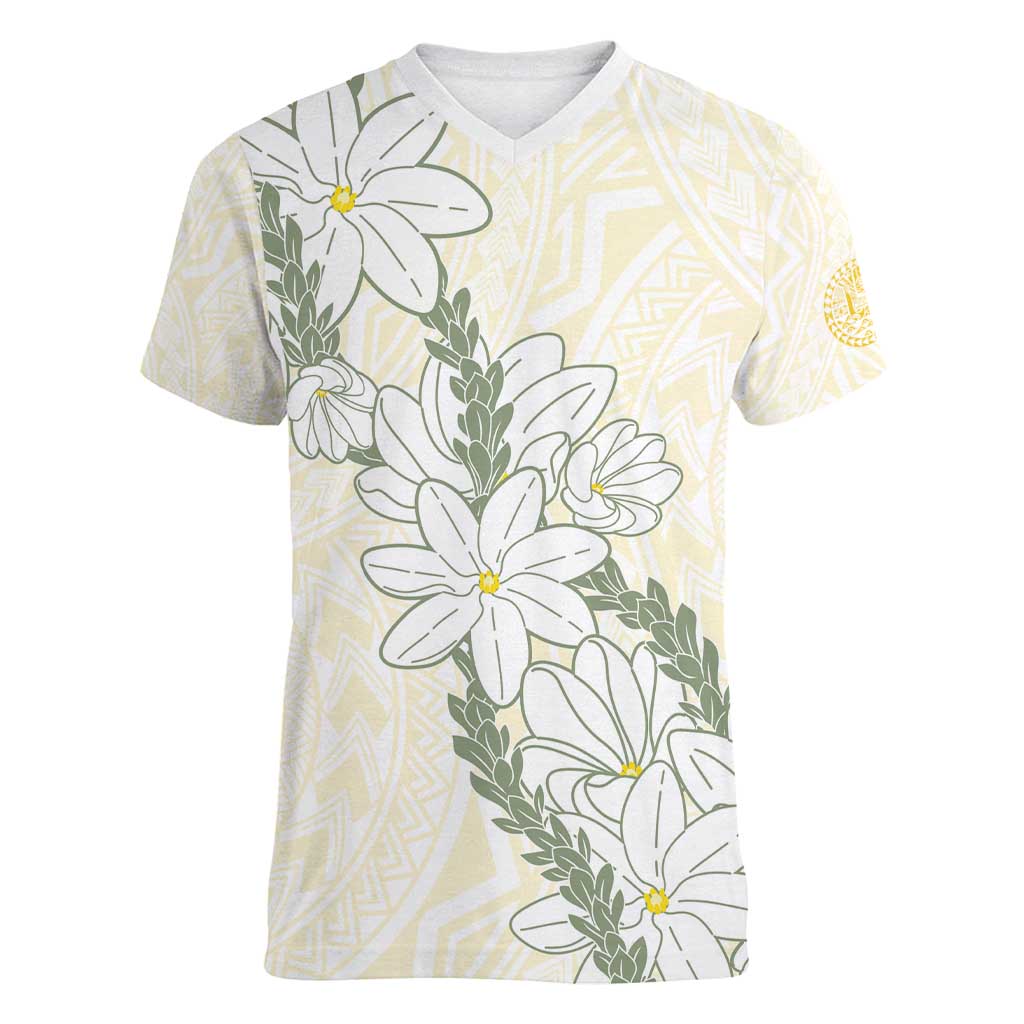 Ia Orana Tahiti Tiare Women V-Neck T-Shirt Lemon Yellow Lei - Polynesian Pride