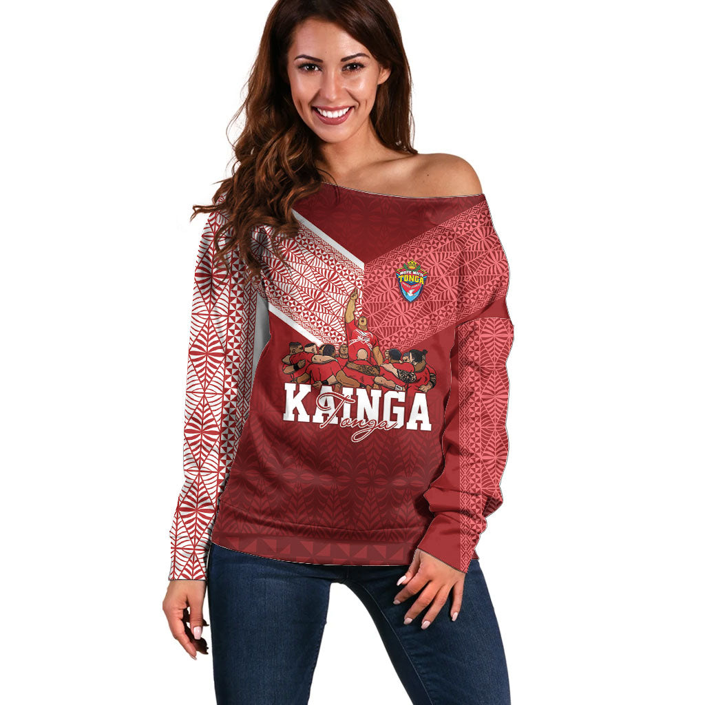 Mate Ma'a Tonga Custom Ngatu Off Shoulder Sweater Kainga - Sipi Tau LT7 Women Red - Polynesian Pride