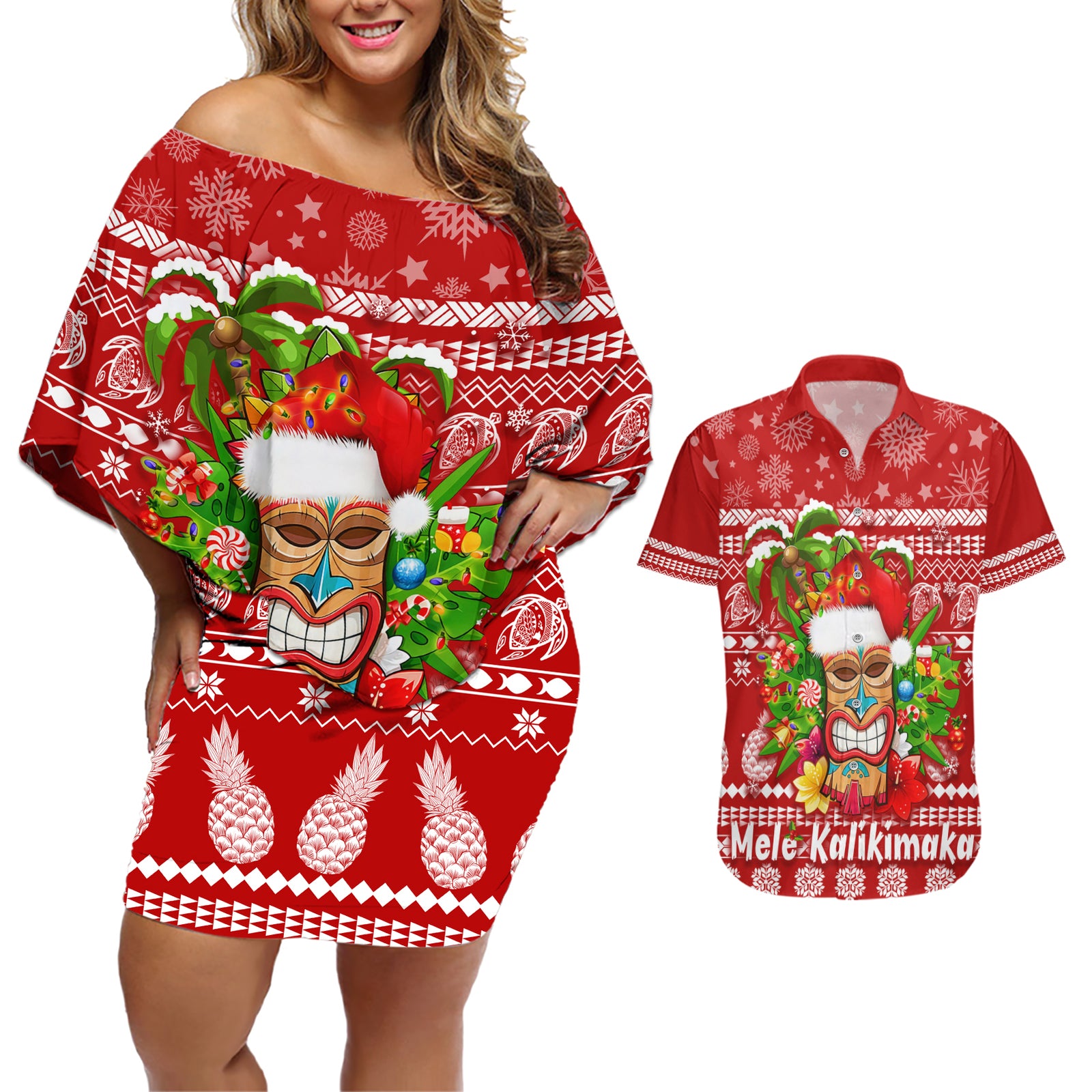 Hawaii Tiki Christmas Couples Matching Off Shoulder Short Dress and Hawaiian Shirt Mele Kalikimaka LT7 Red - Polynesian Pride