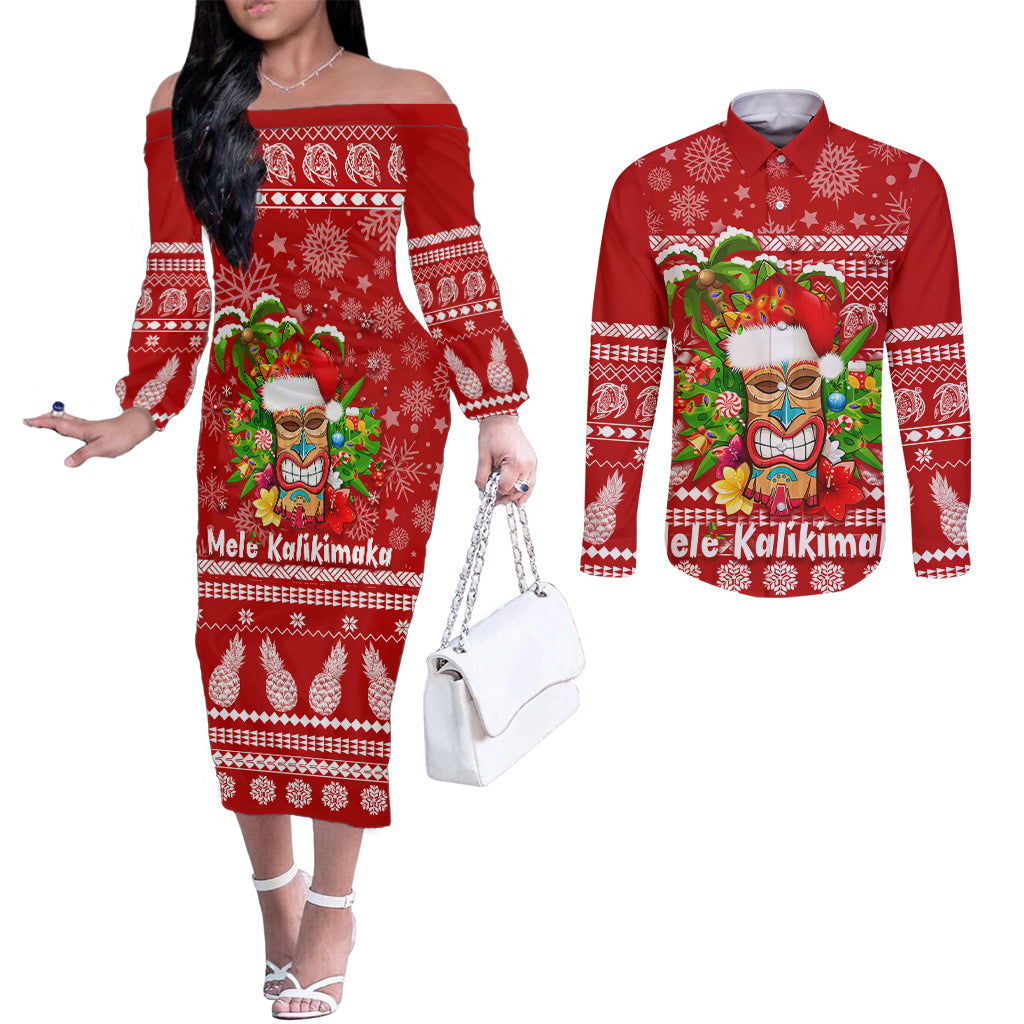 Hawaii Tiki Christmas Couples Matching Off The Shoulder Long Sleeve Dress and Long Sleeve Button Shirt Mele Kalikimaka LT7 Red - Polynesian Pride