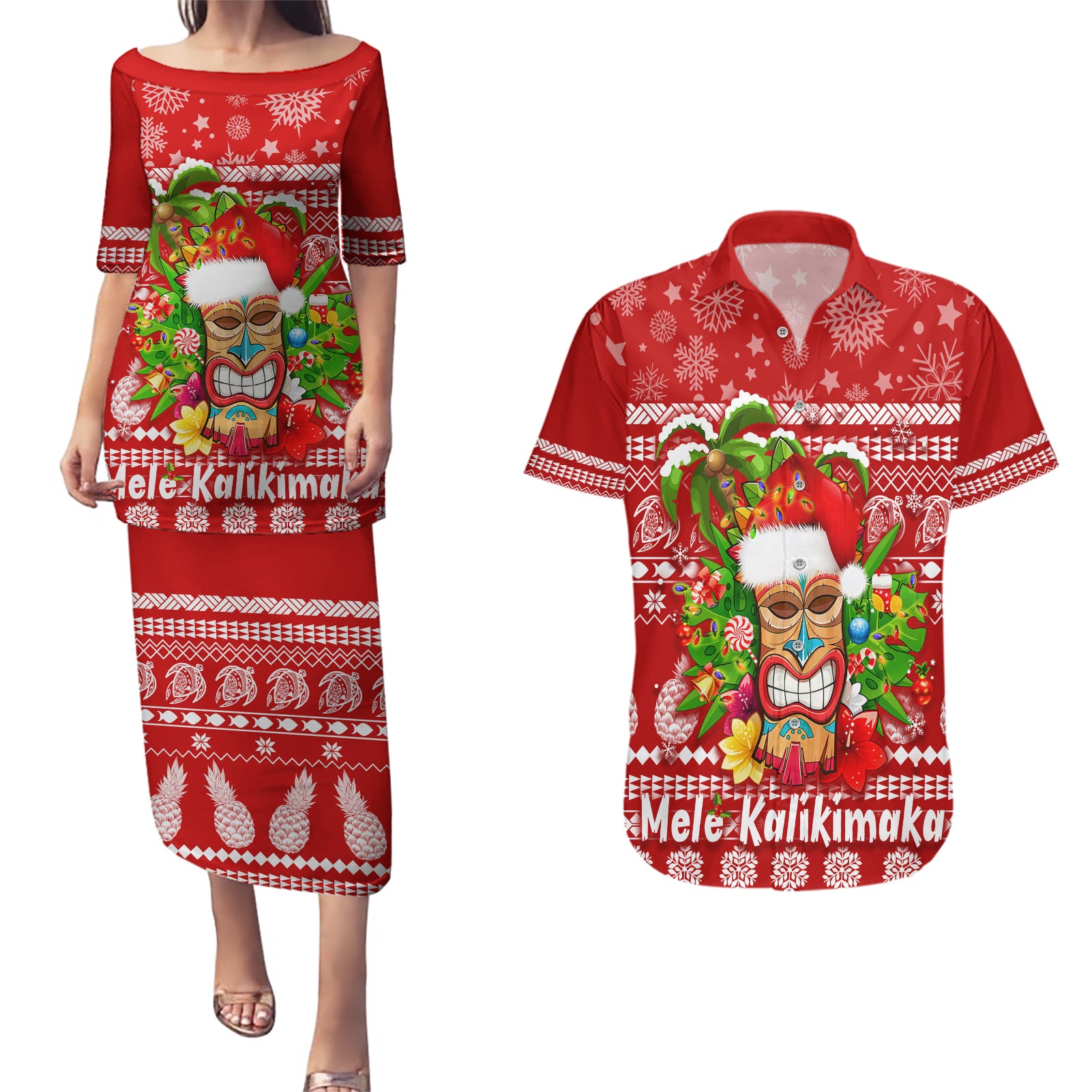 Hawaii Tiki Christmas Couples Matching Puletasi Dress and Hawaiian Shirt Mele Kalikimaka LT7 Red - Polynesian Pride