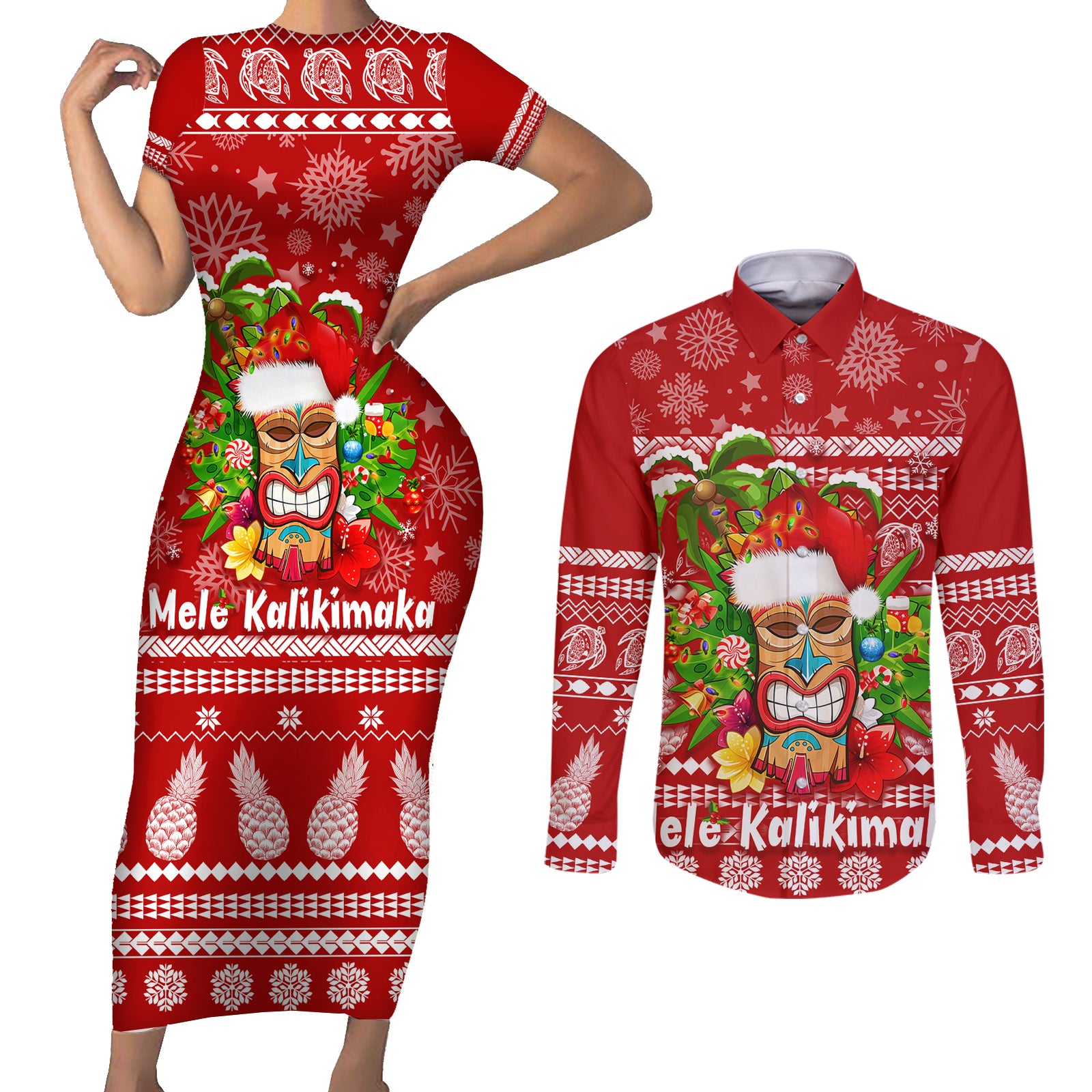 Hawaii Tiki Christmas Couples Matching Short Sleeve Bodycon Dress and Long Sleeve Button Shirt Mele Kalikimaka LT7 Red - Polynesian Pride