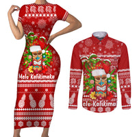 Hawaii Tiki Christmas Couples Matching Short Sleeve Bodycon Dress and Long Sleeve Button Shirt Mele Kalikimaka LT7 Red - Polynesian Pride