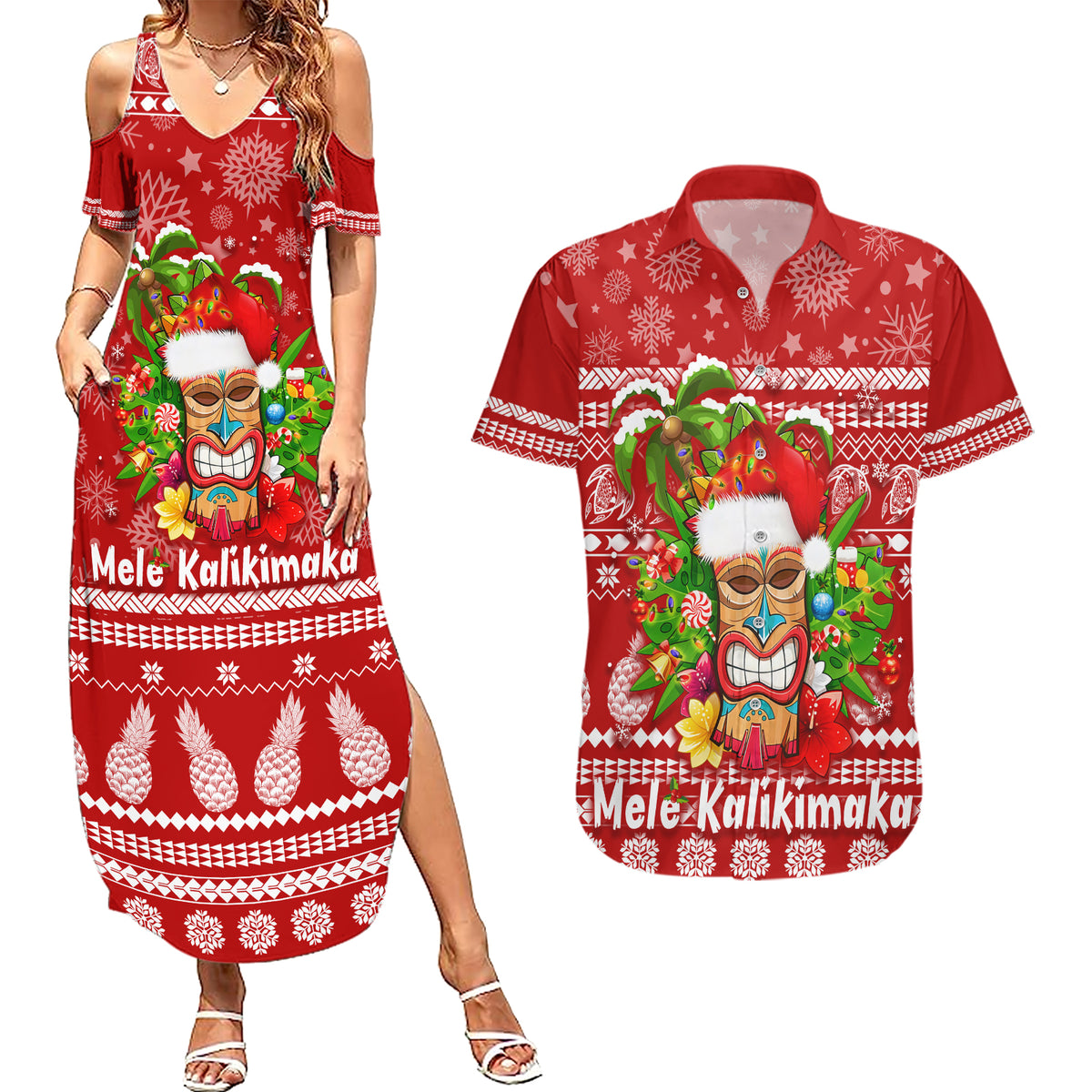 Hawaii Tiki Christmas Couples Matching Summer Maxi Dress and Hawaiian Shirt Mele Kalikimaka LT7 Red - Polynesian Pride