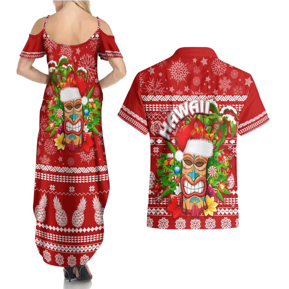 Hawaii Tiki Christmas Couples Matching Summer Maxi Dress and Hawaiian Shirt Mele Kalikimaka LT7 - Polynesian Pride