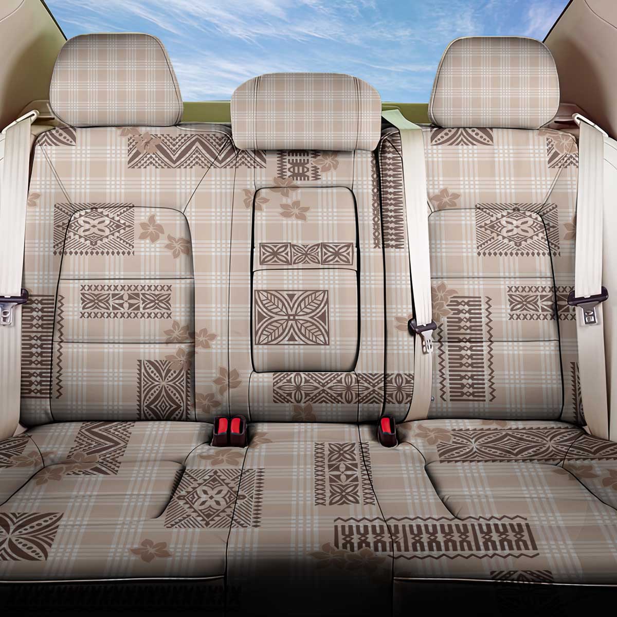 Hawaiian Quilt Tapa On Beige Palaka Motifs Back Car Seat Cover LT7 One Size Beige - Polynesian Pride