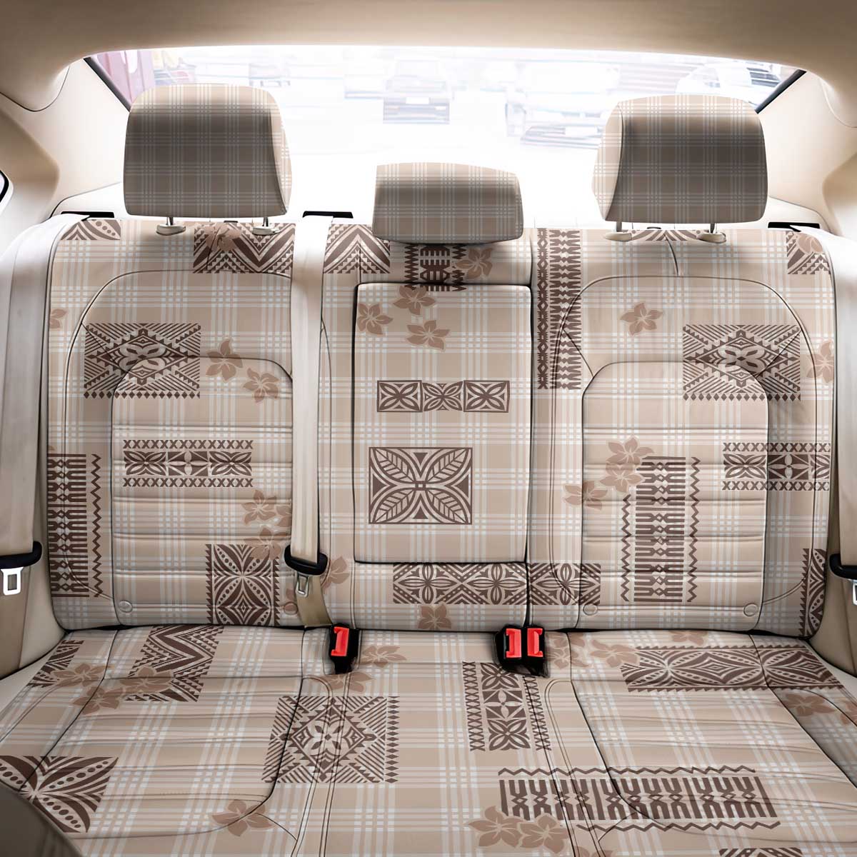 Hawaiian Quilt Tapa On Beige Palaka Motifs Back Car Seat Cover LT7 - Polynesian Pride