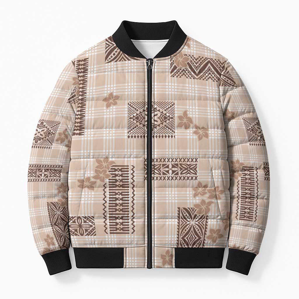 Hawaiian Quilt Tapa On Beige Palaka Motifs Bomber Puffer Jacket