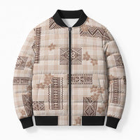 Hawaiian Quilt Tapa On Beige Palaka Motifs Bomber Puffer Jacket