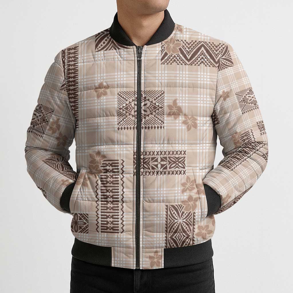 Hawaiian Quilt Tapa On Beige Palaka Motifs Bomber Puffer Jacket