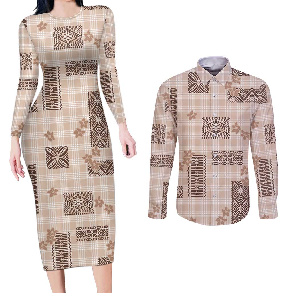 Hawaiian Quilt Tapa On Beige Palaka Motifs Couples Matching Long Sleeve Bodycon Dress and Long Sleeve Button Shirt LT7 Beige - Polynesian Pride