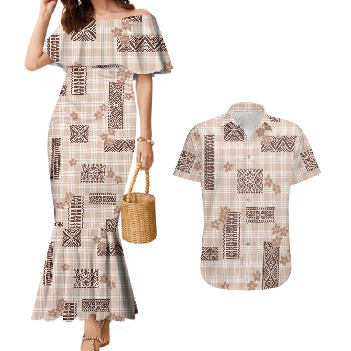 Hawaiian Quilt Tapa On Beige Palaka Motifs Couples Matching Mermaid Dress and Hawaiian Shirt