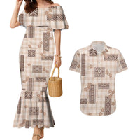 Hawaiian Quilt Tapa On Beige Palaka Motifs Couples Matching Mermaid Dress and Hawaiian Shirt