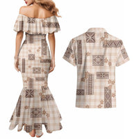 Hawaiian Quilt Tapa On Beige Palaka Motifs Couples Matching Mermaid Dress and Hawaiian Shirt