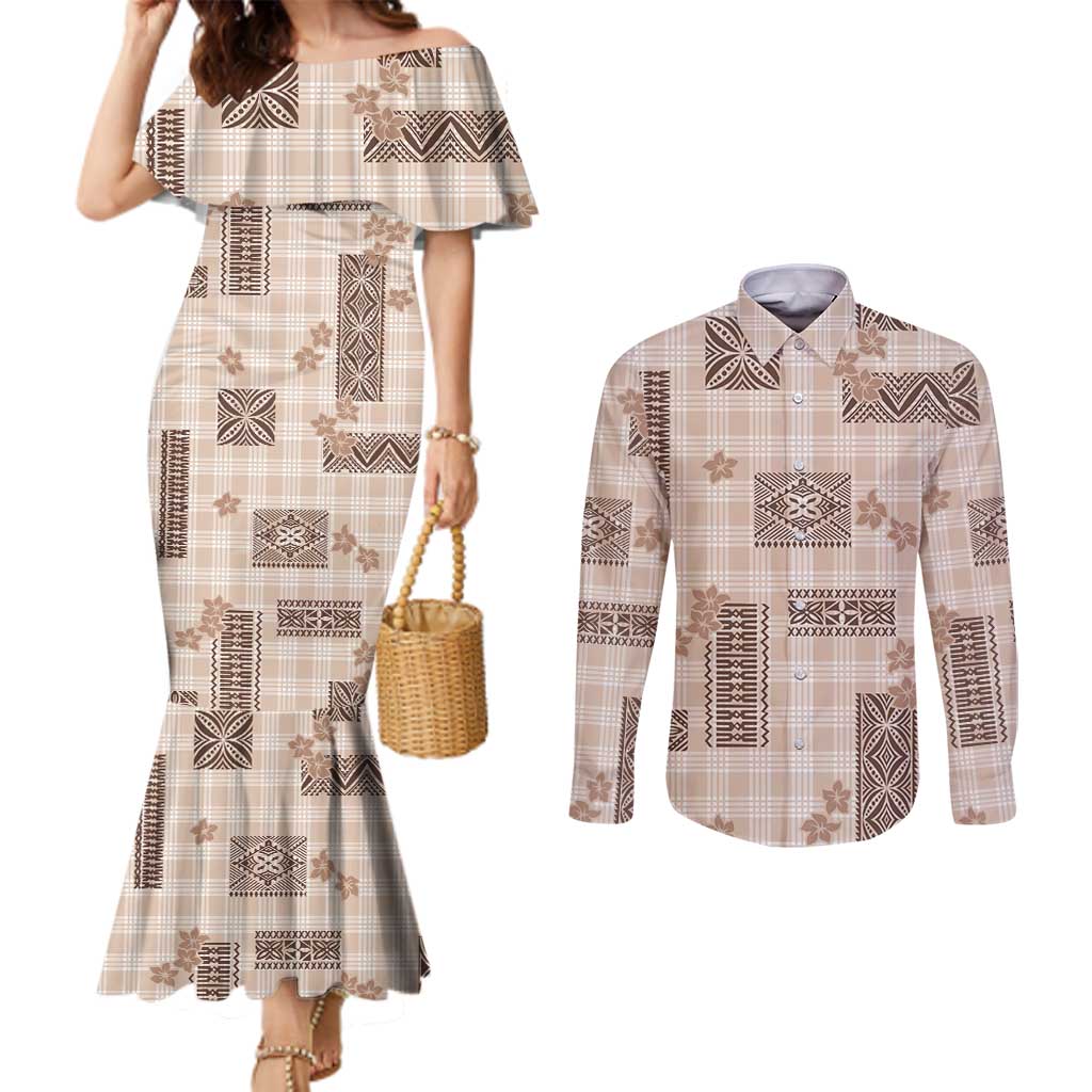 Hawaiian Quilt Tapa On Beige Palaka Motifs Couples Matching Mermaid Dress and Long Sleeve Button Shirt LT7 Beige - Polynesian Pride
